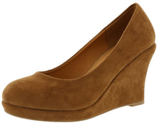 Top Moda Shoes Women's Odell-88 Round Toe Slip On Faux Suede Nubuck Mid Heel Wedge Pumps