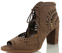 Delicious Women's Yorker Faux Suede Cutout Lace Up Open Toe Stacked Heel