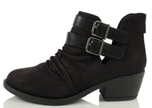 Soda Women's Verity Ruched Cut Out Side Double Buckle Side Stacked Heel Ankle Bootie
