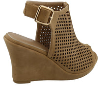 Top Moda Women's Laser Cut Slingback Peep Toe Wedge Bootie Sandal