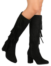 Refresh Footwear Women's Fringe Almond Toe Side Zip Chunky Heel Knee High Boot