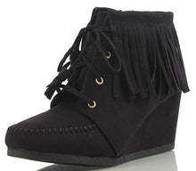 City Classified Women's Faux Suede Moccasin Fringe Lace Up Wedge