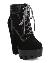 Women Nubuck Lug Sole Block Heel Bootie - Dressy, Cosplay, Night Out - Lace Up Heel Boot - GC93 By Wild Diva