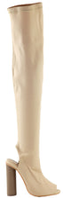 Bella Marie Women's Open Toe Open Back Stretch Over the Knee Stacked Heel Boot