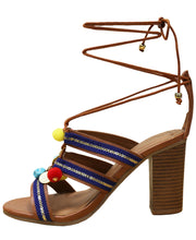 Wild Diva Women's Pom Pom Gladiator Ankle Wrap Stacked Chunky Heel Sandal