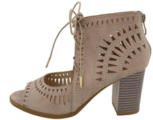 Top Moda Women's Laser Cut Lace Up Stacked Chunky Heel Ankle Bootie Sandal