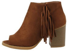 Soda Women's Sueded Fringe Peep Toe Chunky Stacked Heel Bootie