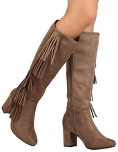 Refresh Footwear Women's Fringe Almond Toe Side Zip Chunky Heel Knee High Boot
