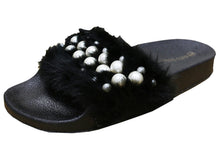 Wild Diva Women's Embellished Pearl Faux Fur Platform Wedge Slide Sandal