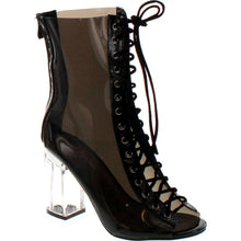 Forever Clear-45 Above Ankle Clear Peep Toe Lace Up Boots & Perspex Plexiglas Block Heel