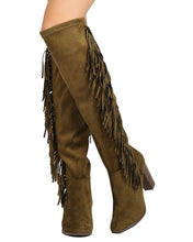 Breckelles GB03 Women Faux Suede Over The Knee Falling Fringe Chunky Heel Boot
