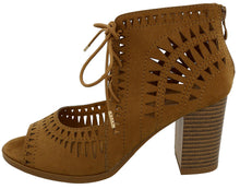 Top Moda Women's Laser Cut Lace Up Stacked Chunky Heel Ankle Bootie Sandal