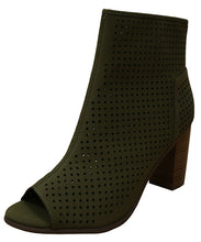 Breckelle's Women's Perforated Stacked Chunky Heel Peep Toe Bootie