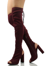 Delicious Women's Faux Suede Stretchy Open Toe Open Back Over The Knee Block Chunky Heel Boot