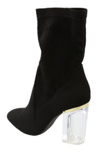 Top Moda Women's Closed Almond Toe Lucite Heel Mid-Calf Sock Boot