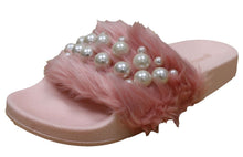 Wild Diva Women's Embellished Pearl Faux Fur Platform Wedge Slide Sandal