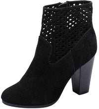 Breckelle's Women's Laser Cut Stacked Chunky Heel Almond Toe Bootie
