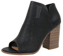 Soda Women's Open Toe Perforated Stacked Block Heel Ankle Bootie