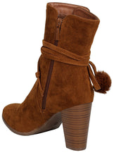 Breckelle's Women's Wrap Around Pom Pom Chunky Stacked Heel Ankle Bootie