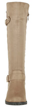 Calf High Biker Boots, Quilted Panel, Stack Heel & Threaded Lug Sole