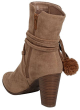 Breckelle's Women's Wrap Around Pom Pom Chunky Stacked Heel Ankle Bootie