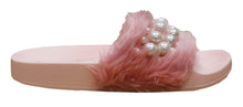 Wild Diva Women's Embellished Pearl Faux Fur Platform Wedge Slide Sandal