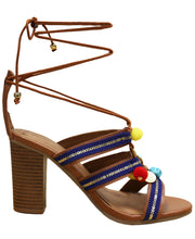 Wild Diva Women's Pom Pom Gladiator Ankle Wrap Stacked Chunky Heel Sandal