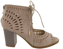 Top Moda Women's Laser Cut Lace Up Stacked Chunky Heel Ankle Bootie Sandal