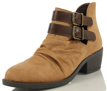 Soda Women's Verity Ruched Cut Out Side Double Buckle Side Stacked Heel Ankle Bootie