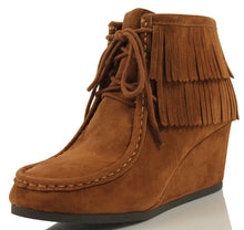 City Classified Women's Faux Suede Moccasin Fringe Lace Up Wedge