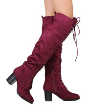 Nature Breeze FI01 Women Faux Suede Over The Knee Lace Up Chunky Heel Combat Boot