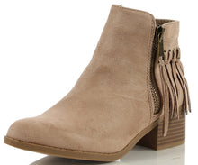 City Classified Women's Bean Faux Suede Fringe Stacked Heel Ankle Bootie, Cognac, 7 M US