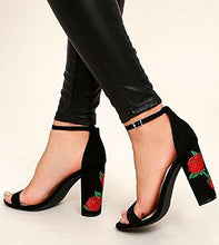 Wild Diva Morris-01B FAUX SUEDE EMBROIDERED ANKLE STRAP BLOCK HEELS SANDAL Black