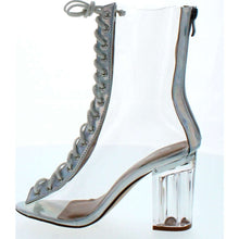 Forever Clear-45 Above Ankle Clear Peep Toe Lace Up Boots & Perspex Plexiglas Block Heel