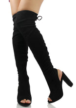 Delicious Women's Faux Suede Stretchy Open Toe Open Back Over The Knee Block Chunky Heel Boot