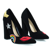 Embroidered Retro Graphic Lips, Rainbow, Star Patch Block Heel Dress Pump