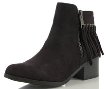 City Classified Women's Bean Faux Suede Fringe Stacked Heel Ankle Bootie, Cognac, 7 M US