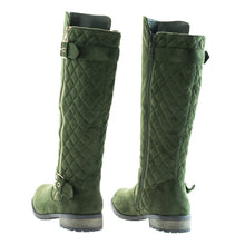 Calf High Biker Boots, Quilted Panel, Stack Heel & Threaded Lug Sole