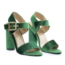 Round Cylinder Block High Heel w Thick Ankle Strap & Metallic Velvet