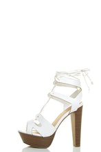 Breckelles Womens Peep Toe Leg Wrap Lace Up Thick High Heel Pump Sandal Shoes