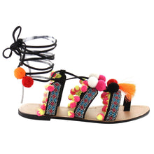 Chase & Chloe Simone-1 Women's Leg Wrap Tassel Pom-Pom Beads Flat Sandals