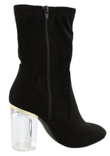 Top Moda Women's Closed Almond Toe Lucite Heel Mid-Calf Sock Boot