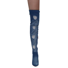 X2B FG50 Women's Over The Knee Ripped Distressed Chunky Block Heel Denim Boots