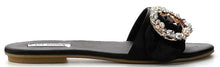 Cape Robbin Sadie-3 Satin Rhinestone Brooch Open Toe Slide Slip On Flip Flop Flat Sandal Black