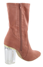 Top Moda Women's Closed Almond Toe Lucite Heel Mid-Calf Sock Boot
