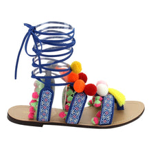 Chase & Chloe Simone-1 Women's Leg Wrap Tassel Pom-Pom Beads Flat Sandals