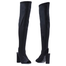 Peep Toe Knee High Boot, Chunky Block Heel, Inner Zipper, Elastic Shaft