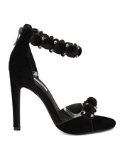 Cape Robin Alza-45 Women Velvet Pom Pom Stiletto Sandal Ankle Strap Sandal