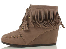 City Classified Women's Faux Suede Moccasin Fringe Lace Up Wedge