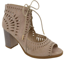 Top Moda Women's Laser Cut Lace Up Stacked Chunky Heel Ankle Bootie Sandal